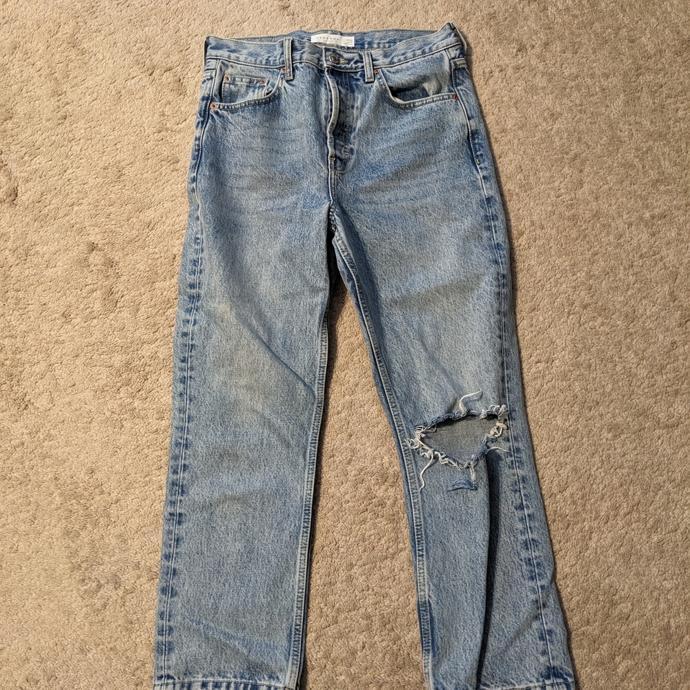 Topshop Blue Straight Leg Denim with Knee Rip